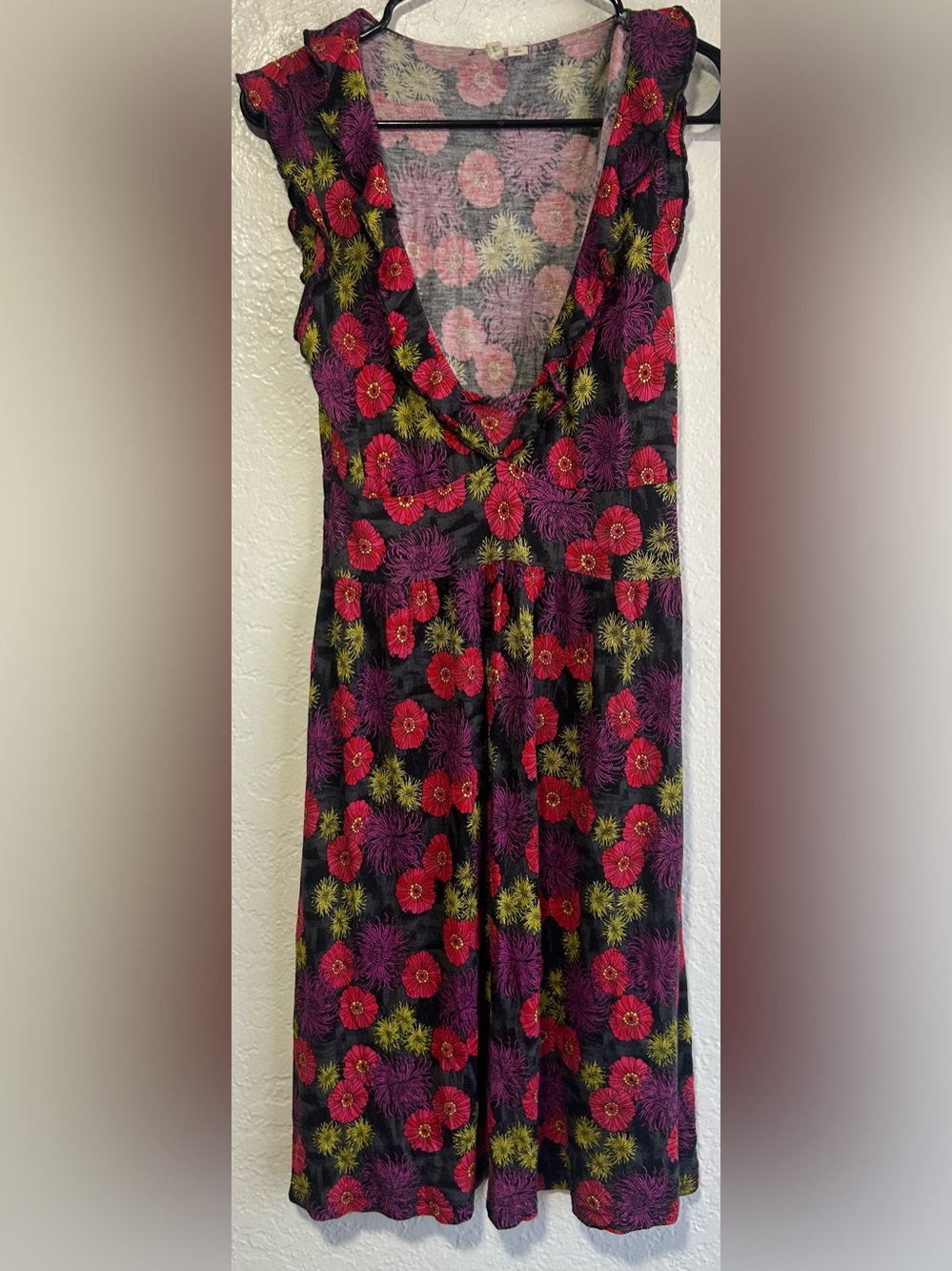Frenchi Black Midi Dress with Pink, Red & Green Floral Print